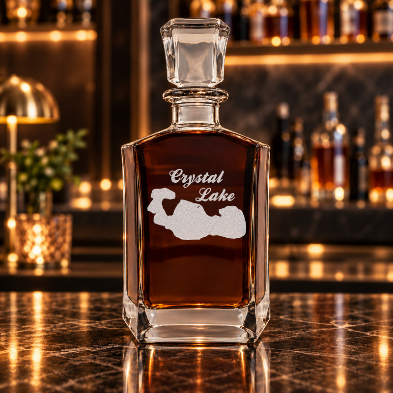 Crystal Lake Wisconsin Minimalist engraved six-sided whiskey decanter - decanter alone