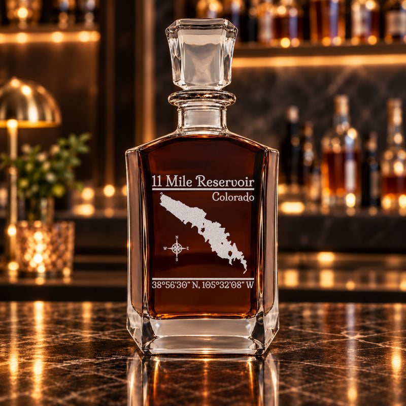 11 Mile Reservoir Colorado Classic engraved six-sided whiskey decanter - decanter alone