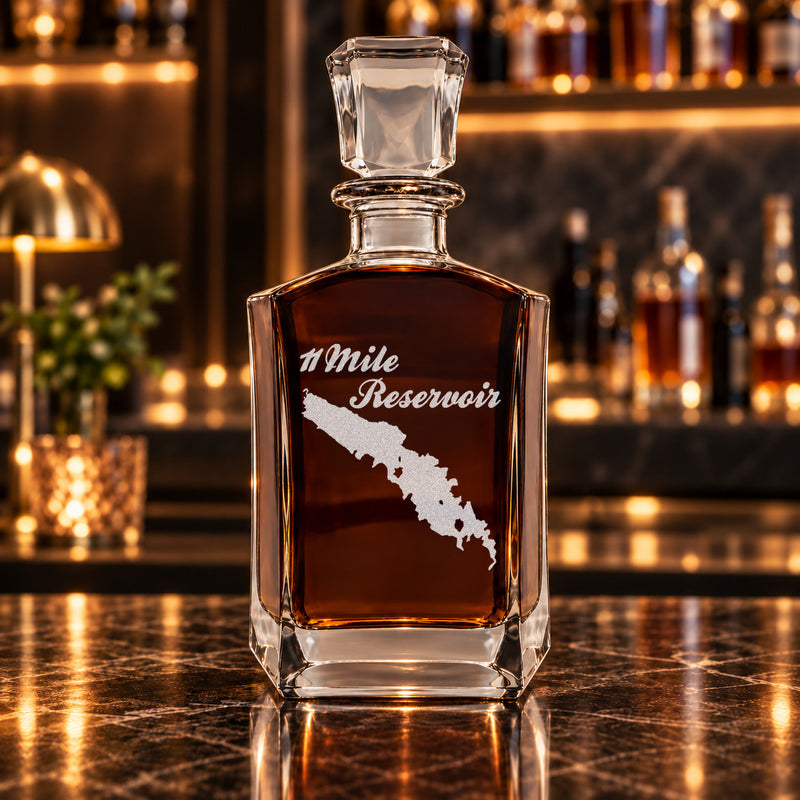 11 Mile Reservoir Colorado Minimalist engraved six-sided whiskey decanter - decanter alone