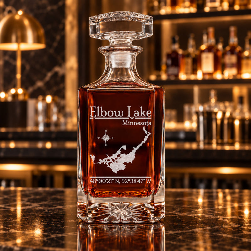 Elbow Lake Minnesota Classic engraved square whiskey decanter - decanter alone