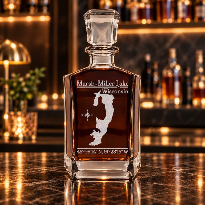 Marsh-Miller Lake Wisconsin Classic engraved six-sided whiskey decanter - decanter alone