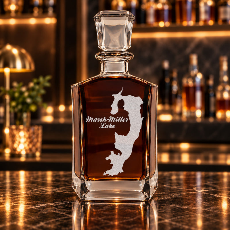 Marsh-Miller Lake Wisconsin Minimalist engraved six-sided whiskey decanter - decanter alone