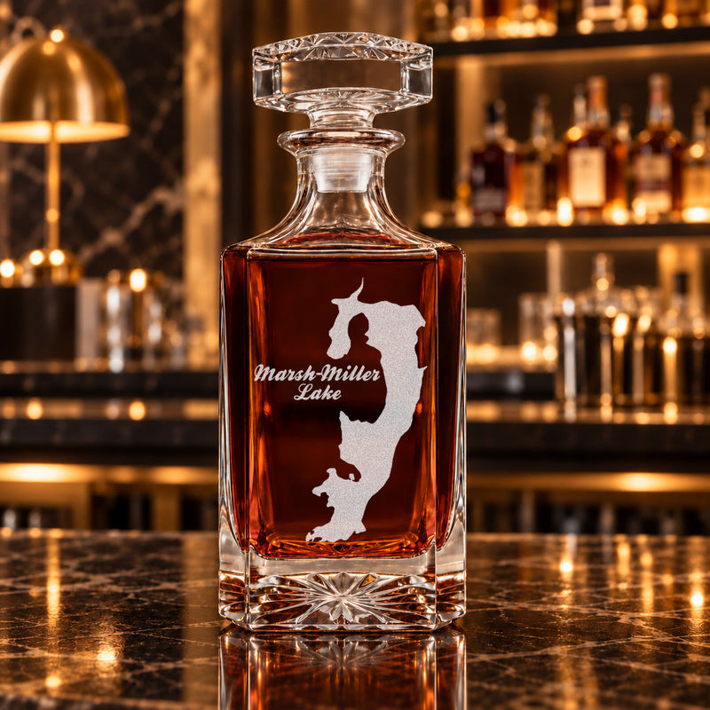 Marsh-Miller Lake Wisconsin Minimalist engraved square whiskey decanter - decanter alone