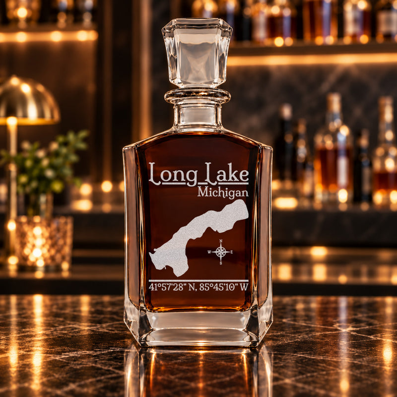 Long Lake Michigan Classic engraved six-sided whiskey decanter - decanter alone