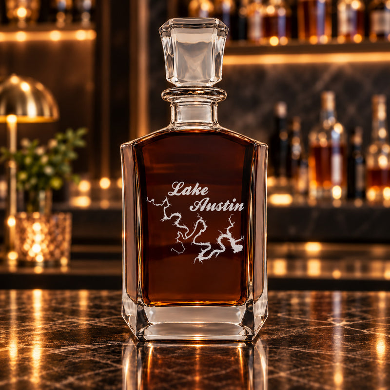 Lake Austin Texas Minimalist engraved six-sided whiskey decanter - decanter alone