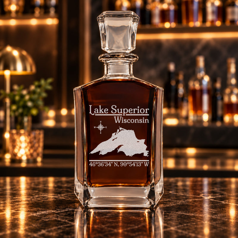 Lake Superior Wisconsin Classic engraved six-sided whiskey decanter - decanter alone