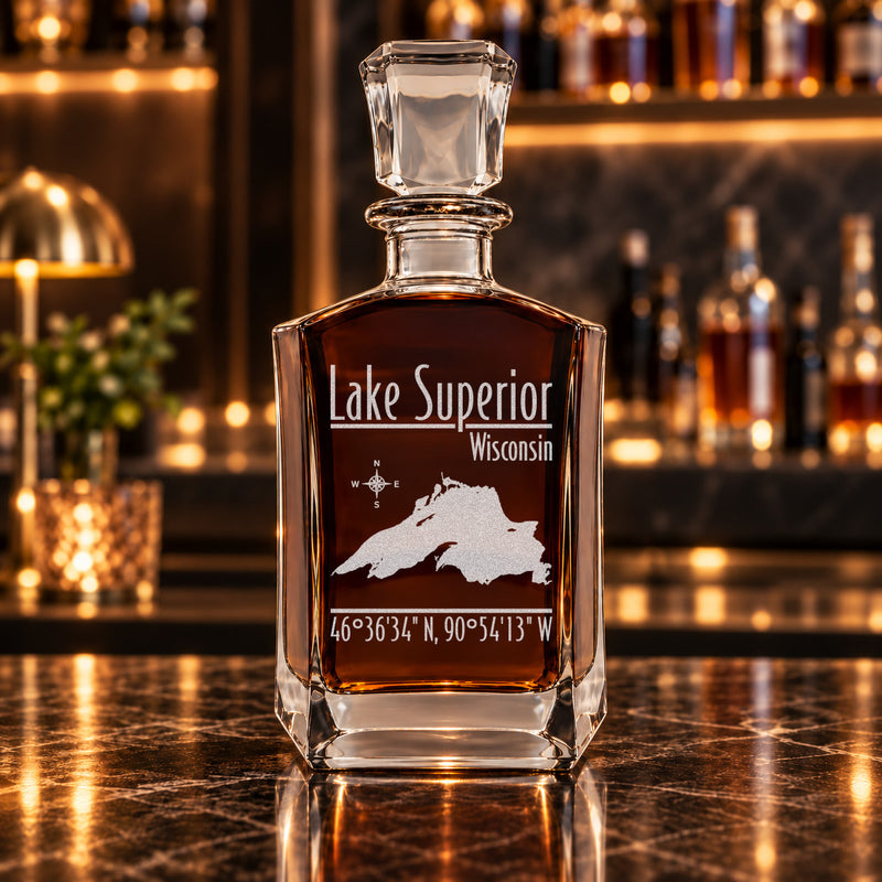 Lake Superior Wisconsin Modern engraved six-sided whiskey decanter - decanter alone