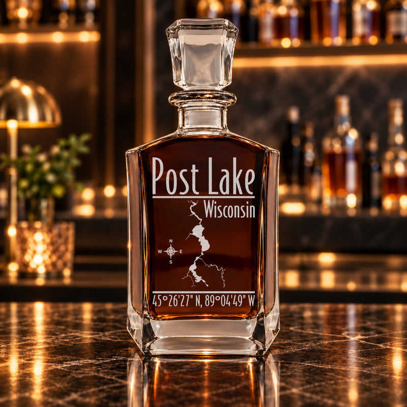 Post Lake Wisconsin Modern engraved six-sided whiskey decanter - decanter alone