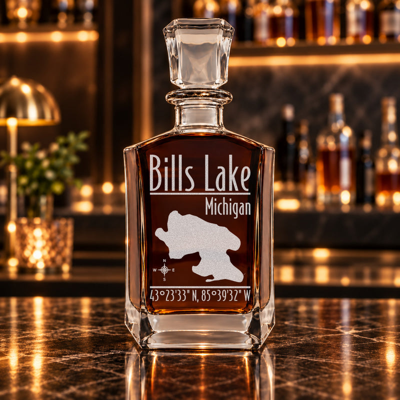 Bills Lake Michigan Modern engraved six-sided whiskey decanter - decanter alone