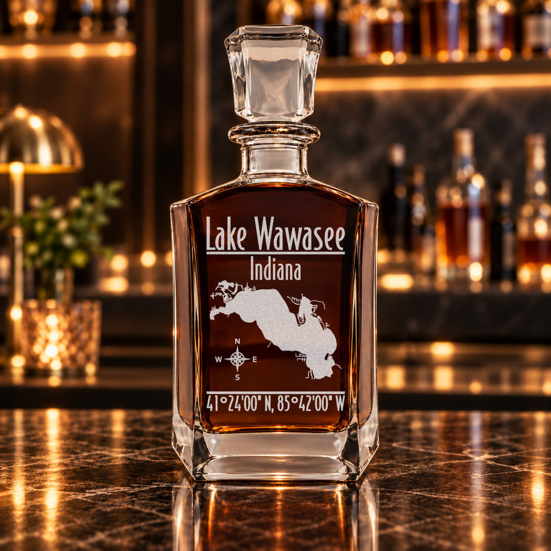 Lake Wawasee Indiana Modern engraved six-sided whiskey decanter - decanter alone