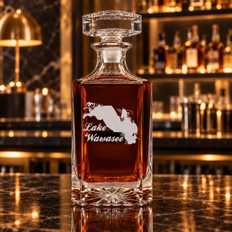 Lake Wawasee Indiana Minimalist engraved square whiskey decanter - decanter alone
