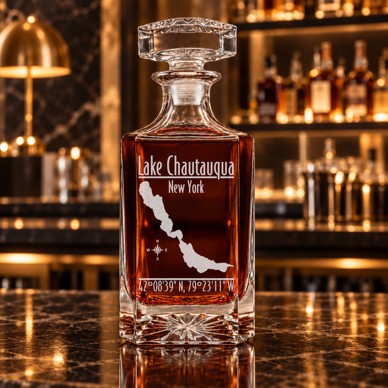 Lake Chautauqua New York Modern engraved square whiskey decanter - decanter alone