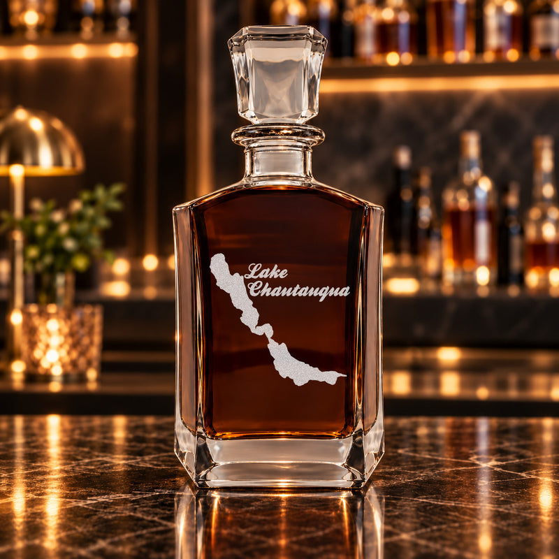 Lake Chautauqua New York Minimalist engraved six-sided whiskey decanter - decanter alone