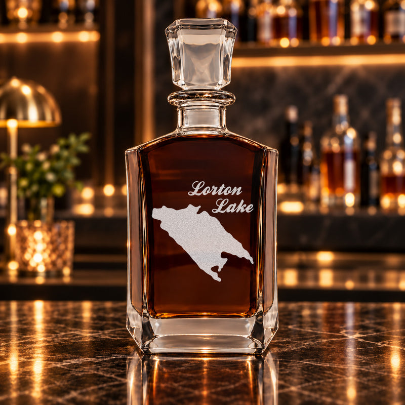 Lorton Lake New York Minimalist engraved six-sided whiskey decanter - decanter alone