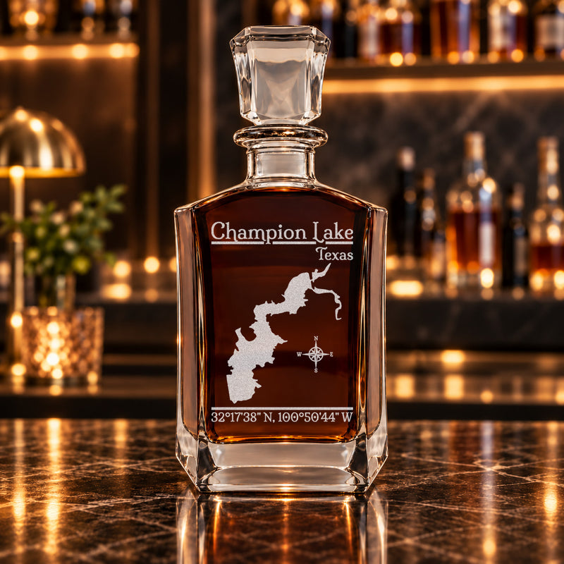 Champion Lake Texas Classic engraved six-sided whiskey decanter - decanter alone