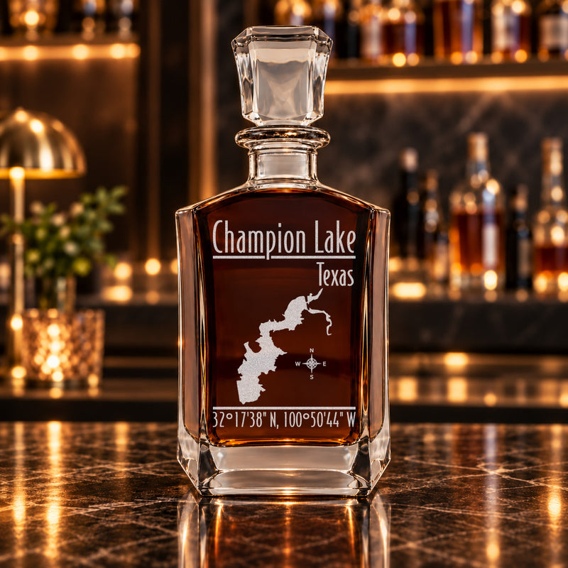 Champion Lake Texas Modern engraved six-sided whiskey decanter - decanter alone
