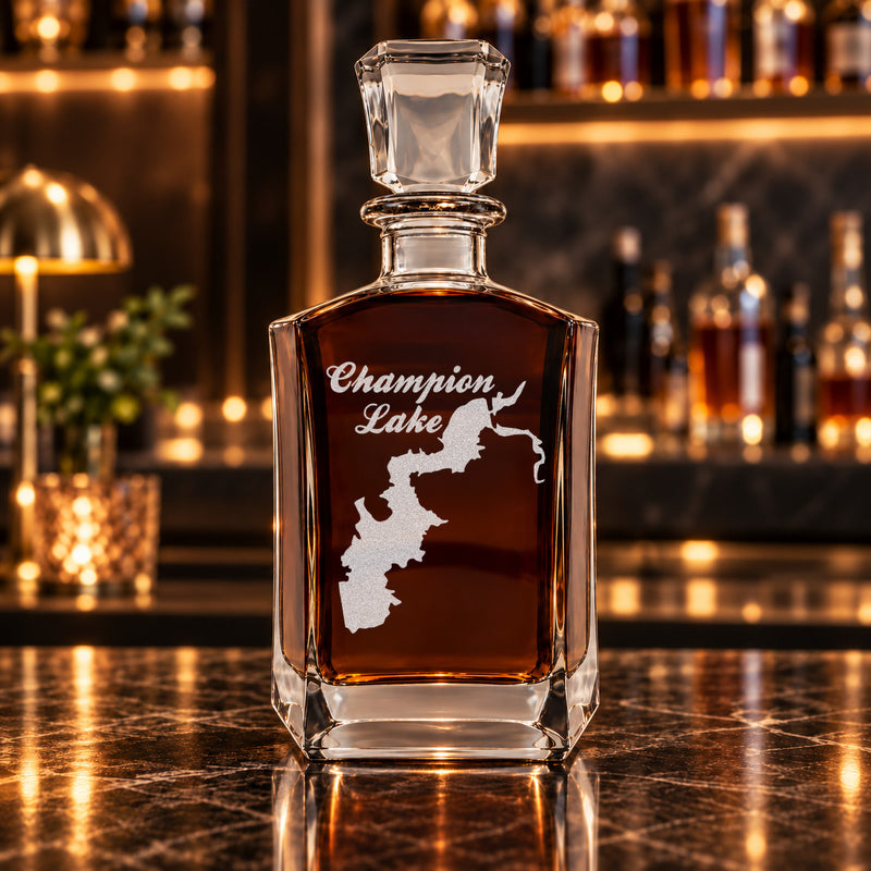 Champion Lake Texas Minimalist engraved six-sided whiskey decanter - decanter alone