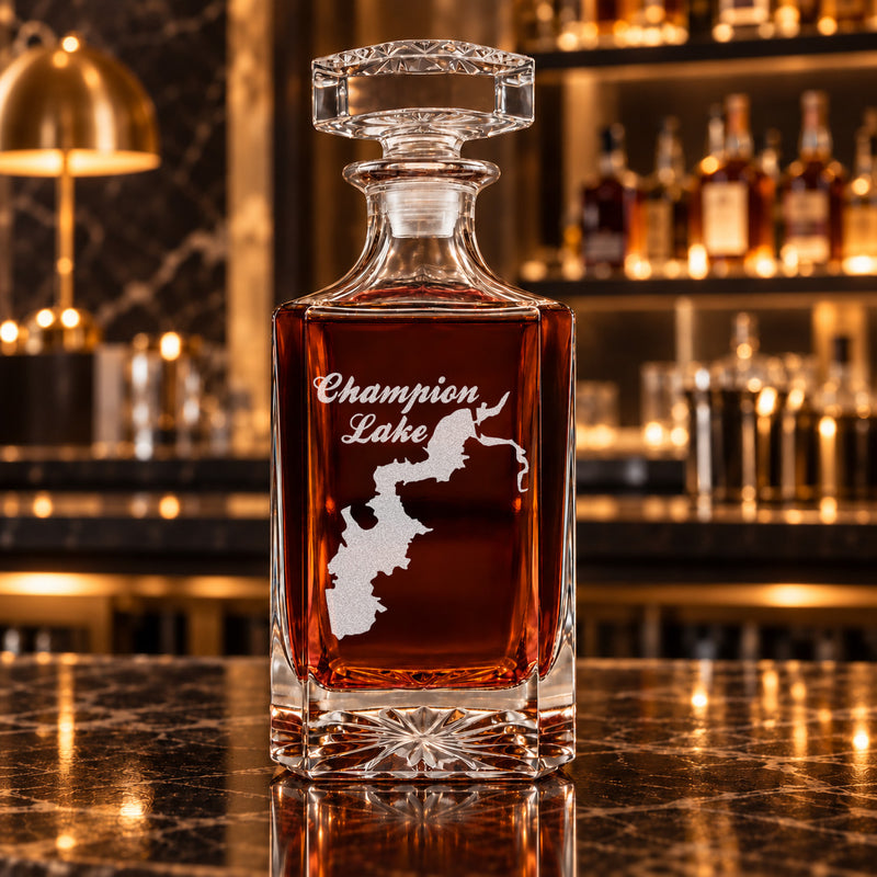 Champion Lake Texas Minimalist engraved square whiskey decanter - decanter alone