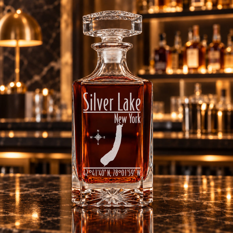 Silver Lake New York Modern engraved square whiskey decanter - decanter alone