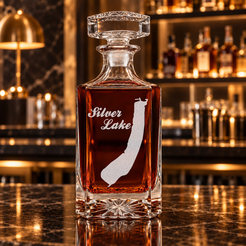 Silver Lake New York Minimalist engraved square whiskey decanter - decanter alone
