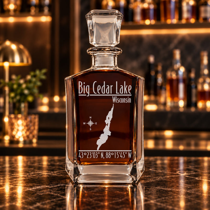 Big Cedar Lake Wisconsin Modern engraved six-sided whiskey decanter - decanter alone