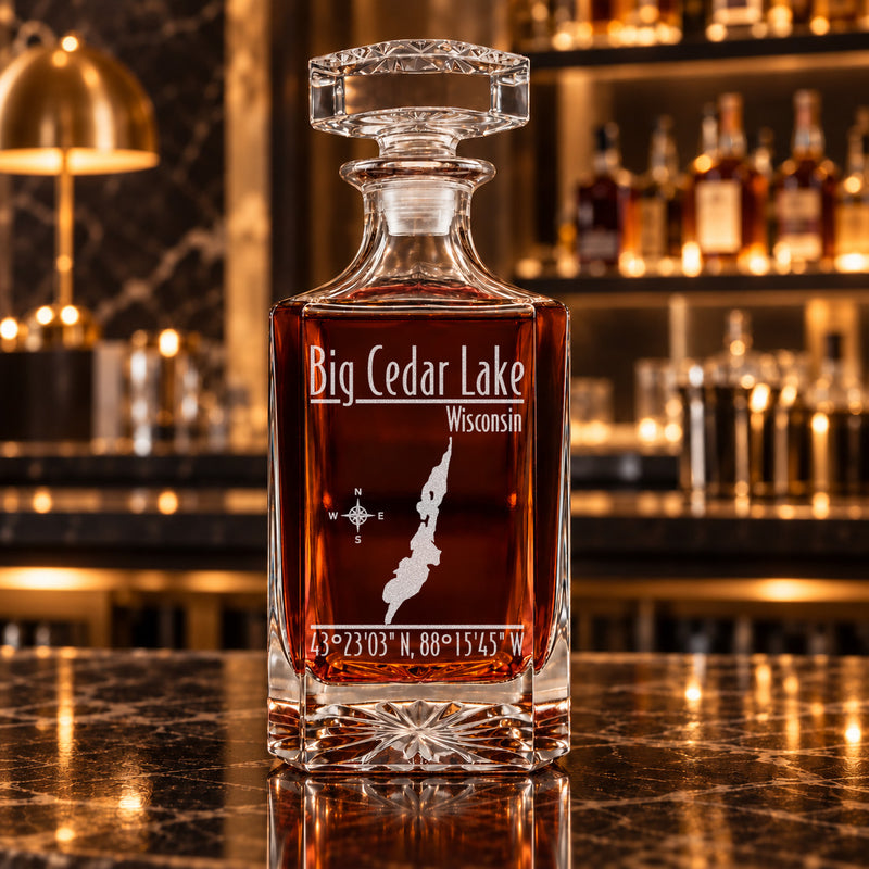 Big Cedar Lake Wisconsin Modern engraved square whiskey decanter - decanter alone