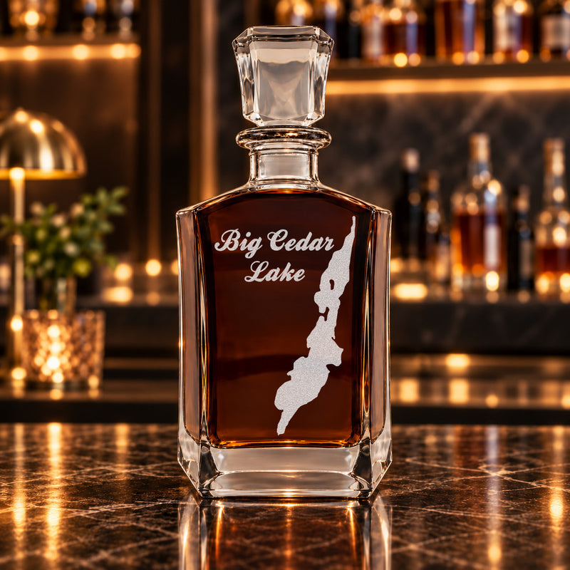 Big Cedar Lake Wisconsin Minimalist engraved six-sided whiskey decanter - decanter alone