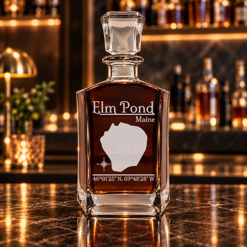 Elm Pond Maine Classic engraved six-sided whiskey decanter - decanter alone