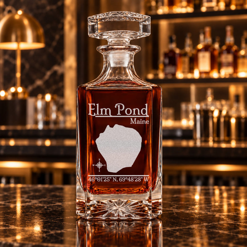 Elm Pond Maine Classic engraved square whiskey decanter - decanter alone