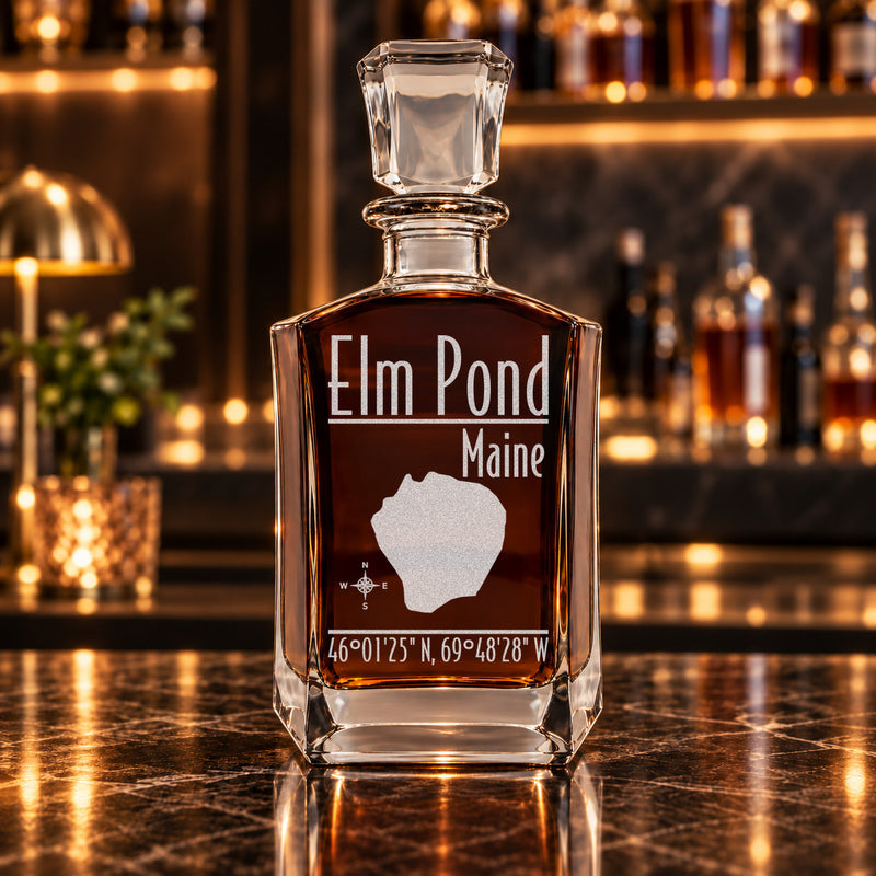 Elm Pond Maine Modern engraved six-sided whiskey decanter - decanter alone