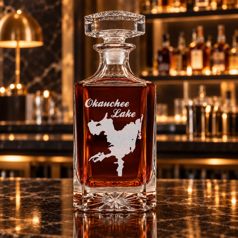 Okauchee Lake Wisconsin Minimalist engraved square whiskey decanter - decanter alone