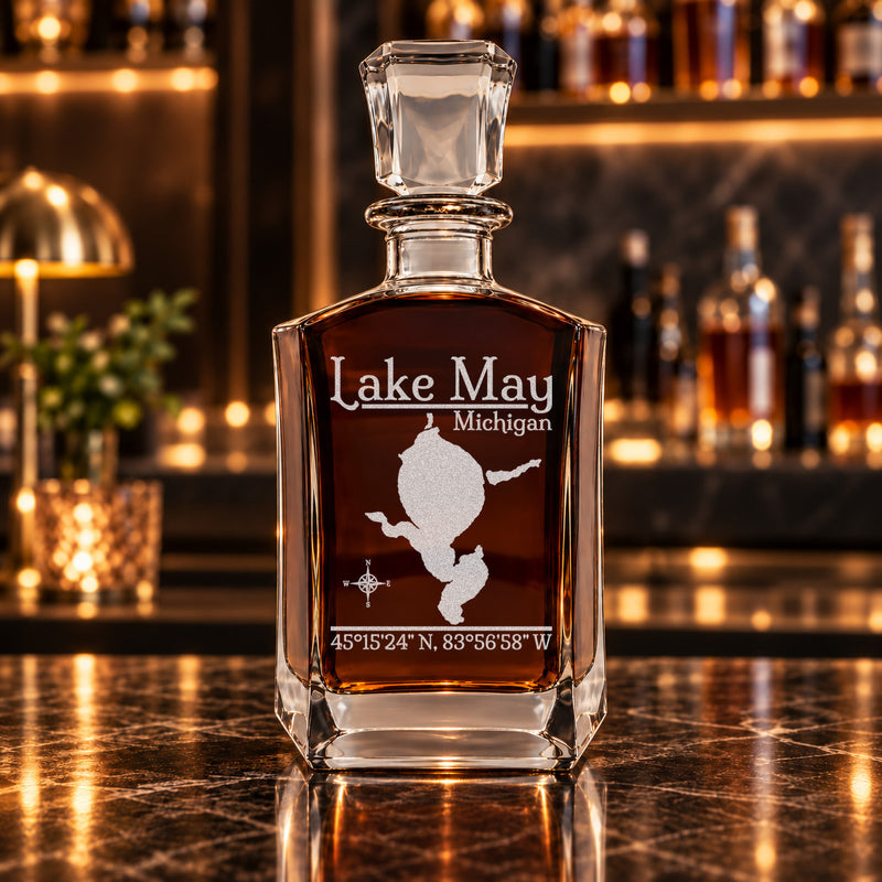 Lake May Michigan Classic engraved six-sided whiskey decanter - decanter alone