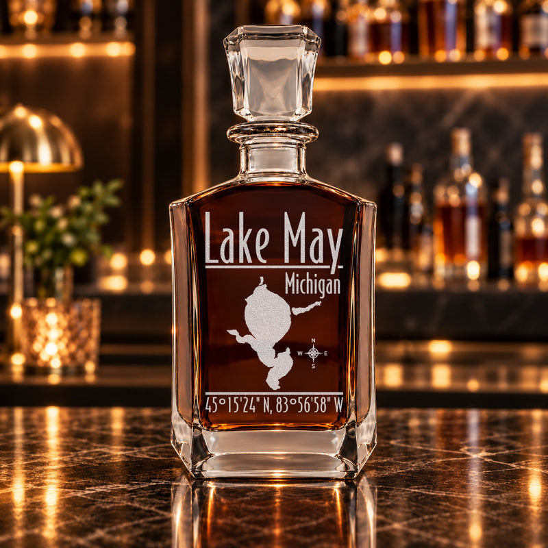 Lake May Michigan Modern engraved six-sided whiskey decanter - decanter alone