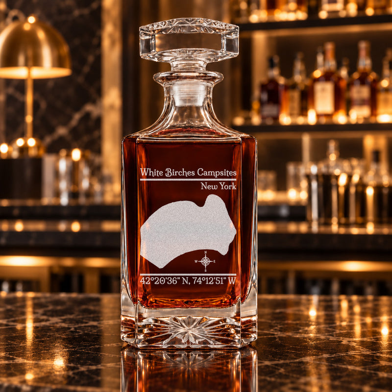 White Birches Campsites New York Classic engraved square whiskey decanter - decanter alone