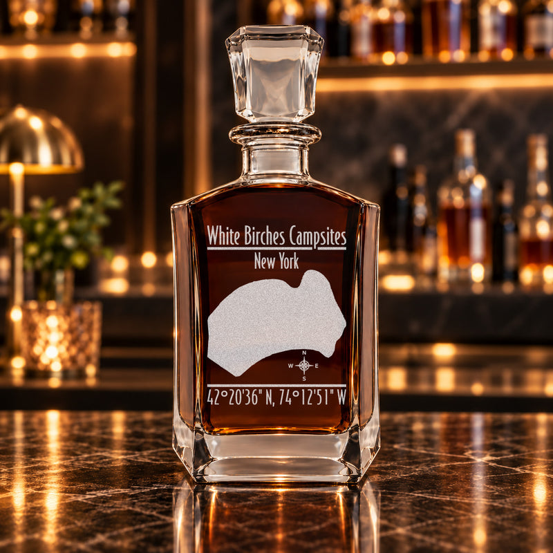 White Birches Campsites New York Modern engraved six-sided whiskey decanter - decanter alone