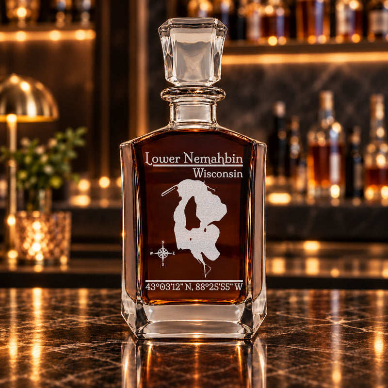 Lower Nemahbin Wisconsin Classic engraved six-sided whiskey decanter - decanter alone