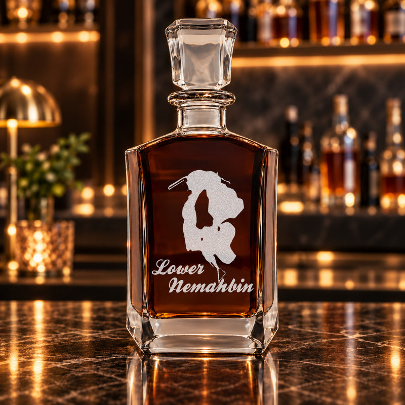 Lower Nemahbin Wisconsin Minimalist engraved six-sided whiskey decanter - decanter alone