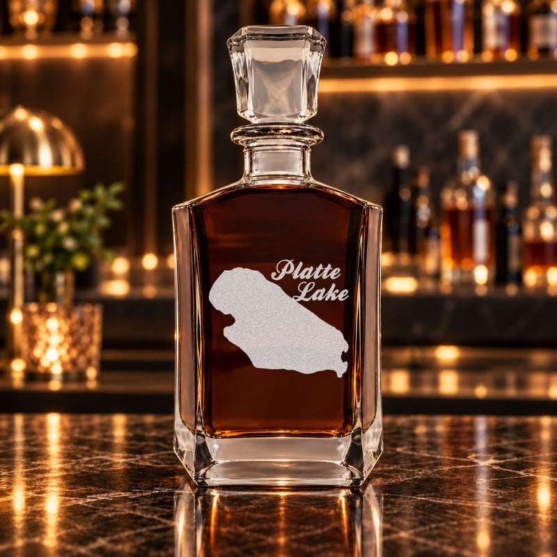 Platte Lake Michigan Minimalist engraved six-sided whiskey decanter - decanter alone