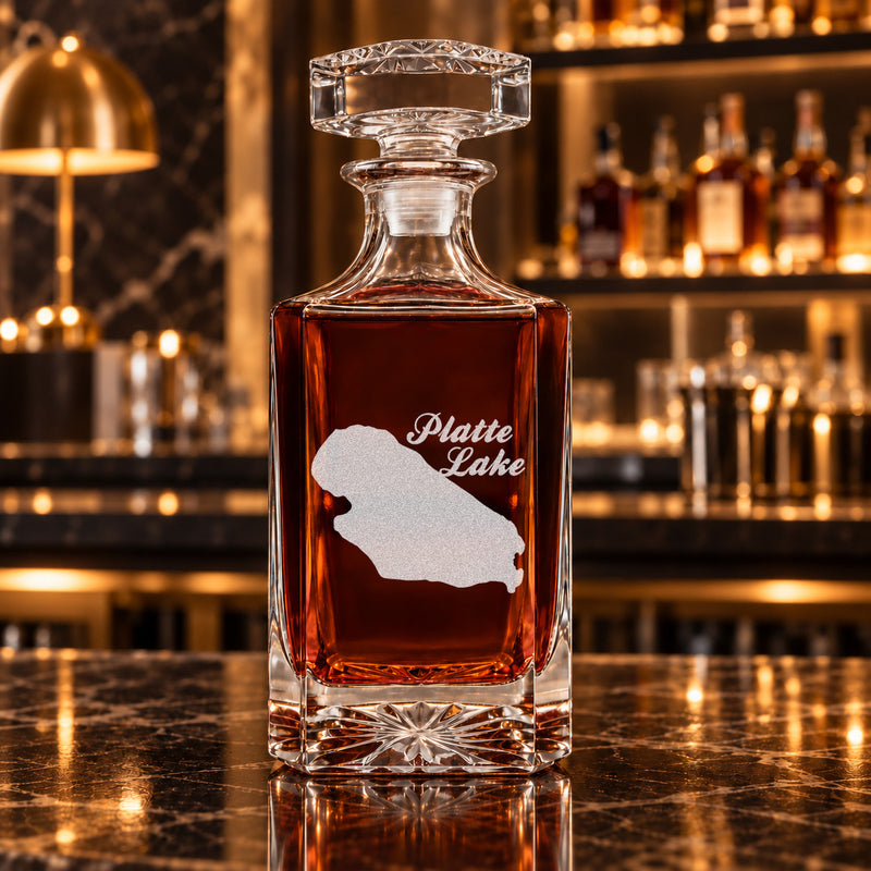 Platte Lake Michigan Minimalist engraved square whiskey decanter - decanter alone