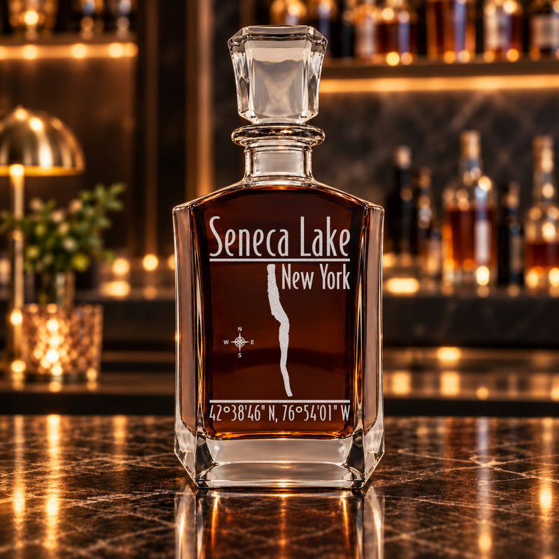 Seneca Lake New York Modern engraved six-sided whiskey decanter - decanter alone