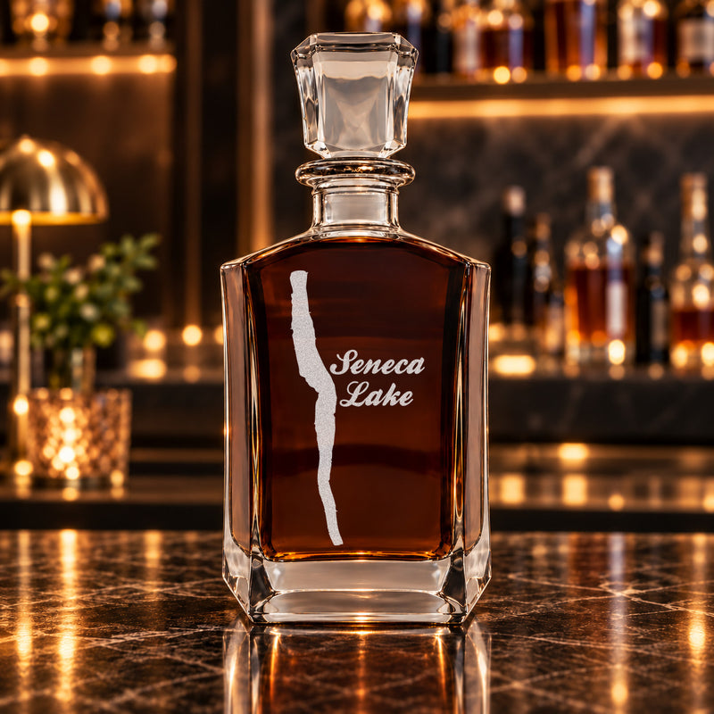 Seneca Lake New York Minimalist engraved six-sided whiskey decanter - decanter alone