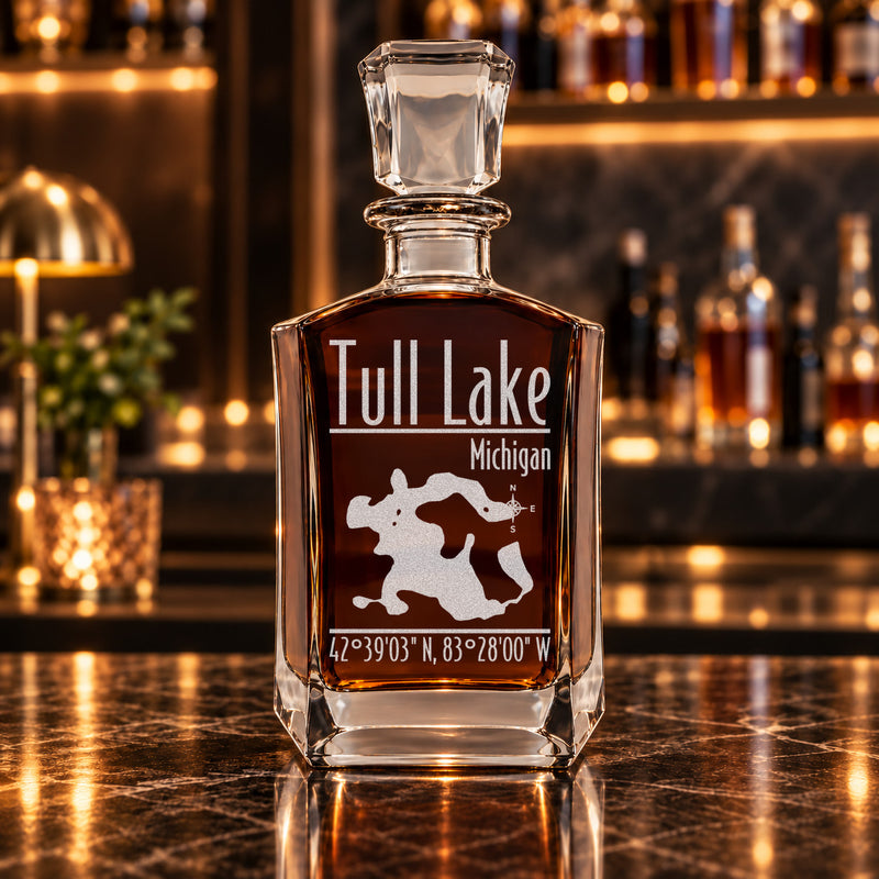 Tull Lake Michigan Modern engraved six-sided whiskey decanter - decanter alone