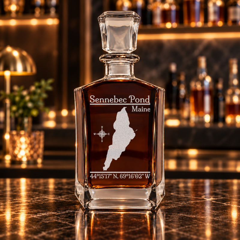Sennebec Pond Maine Classic engraved six-sided whiskey decanter - decanter alone
