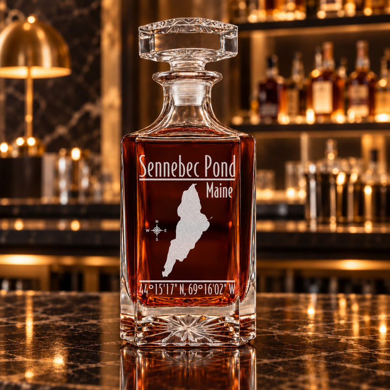 Sennebec Pond Maine Modern engraved square whiskey decanter - decanter alone
