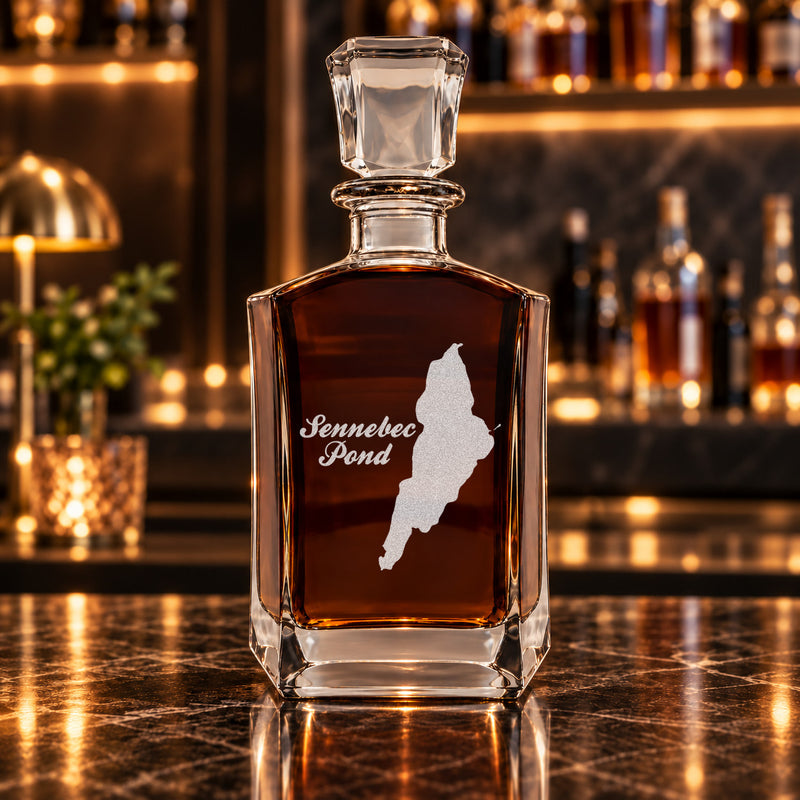 Sennebec Pond Maine Minimalist engraved six-sided whiskey decanter - decanter alone