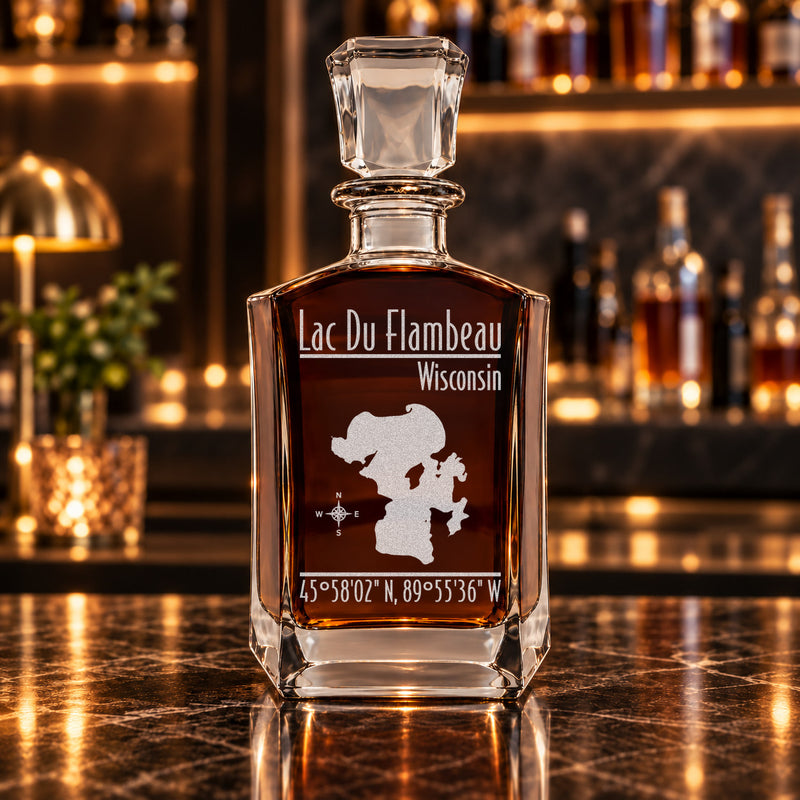 Lac Du Flambeau Wisconsin Modern engraved six-sided whiskey decanter - decanter alone