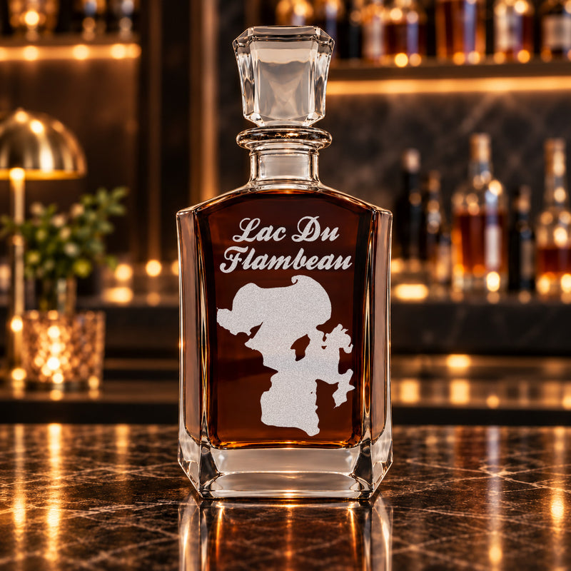 Lac Du Flambeau Wisconsin Minimalist engraved six-sided whiskey decanter - decanter alone