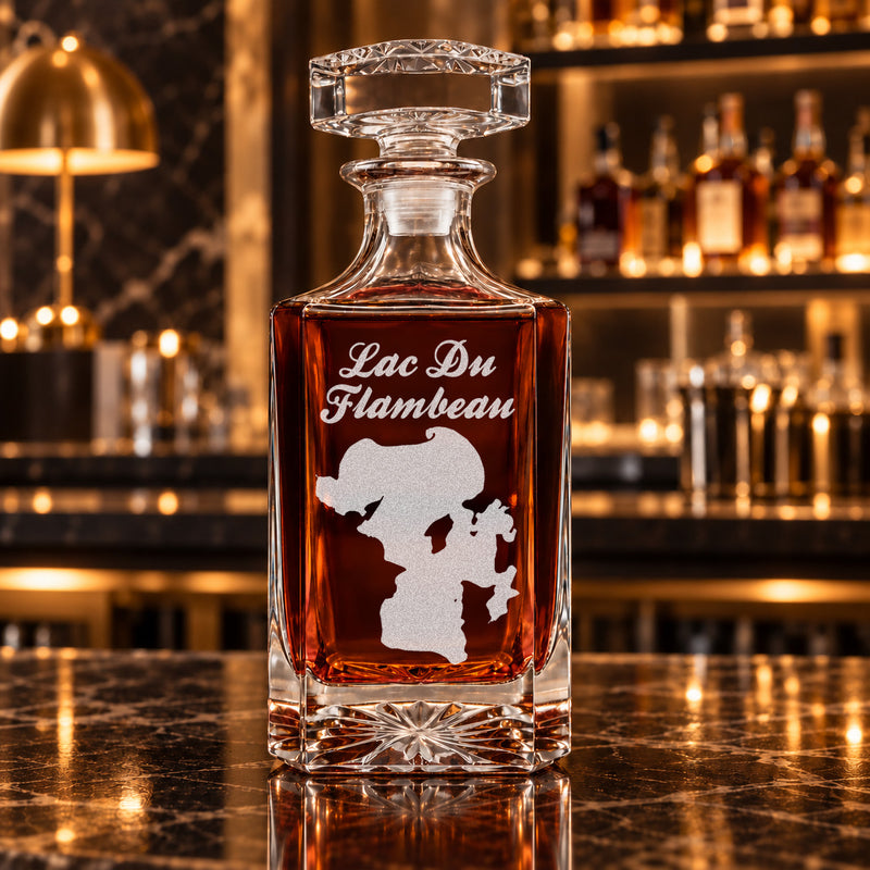 Lac Du Flambeau Wisconsin Minimalist engraved square whiskey decanter - decanter alone