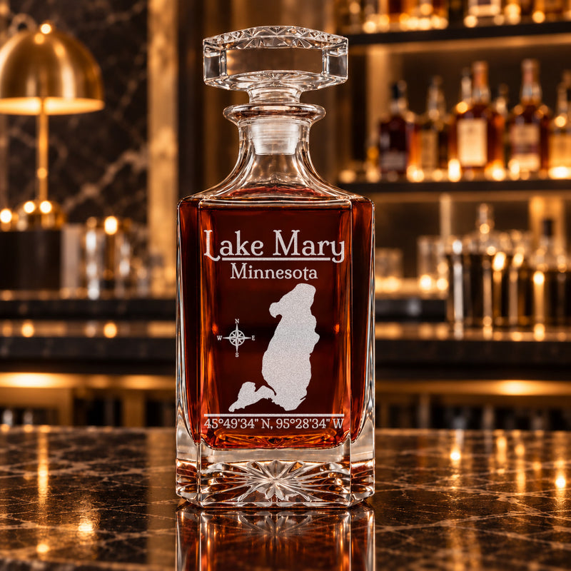 Lake Mary Minnesota Classic engraved square whiskey decanter - decanter alone