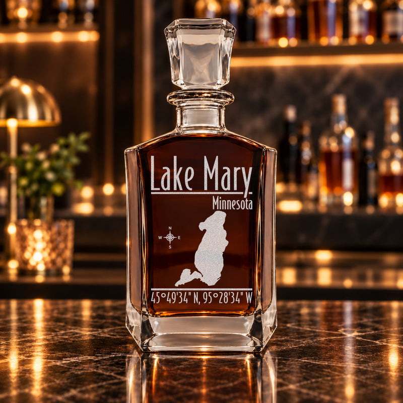 Lake Mary Minnesota Modern engraved six-sided whiskey decanter - decanter alone
